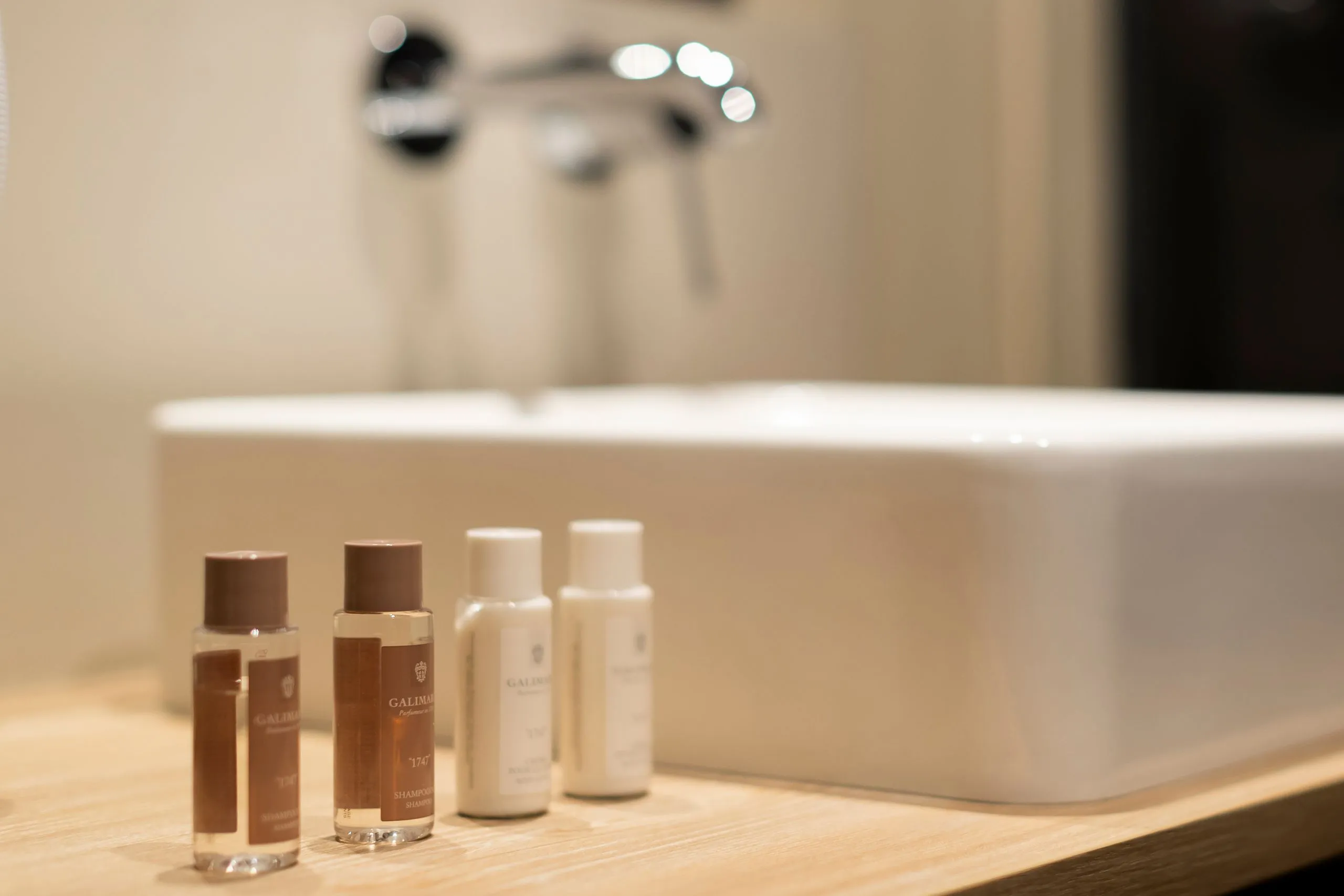 Produits de toilette devant un évier moderne 